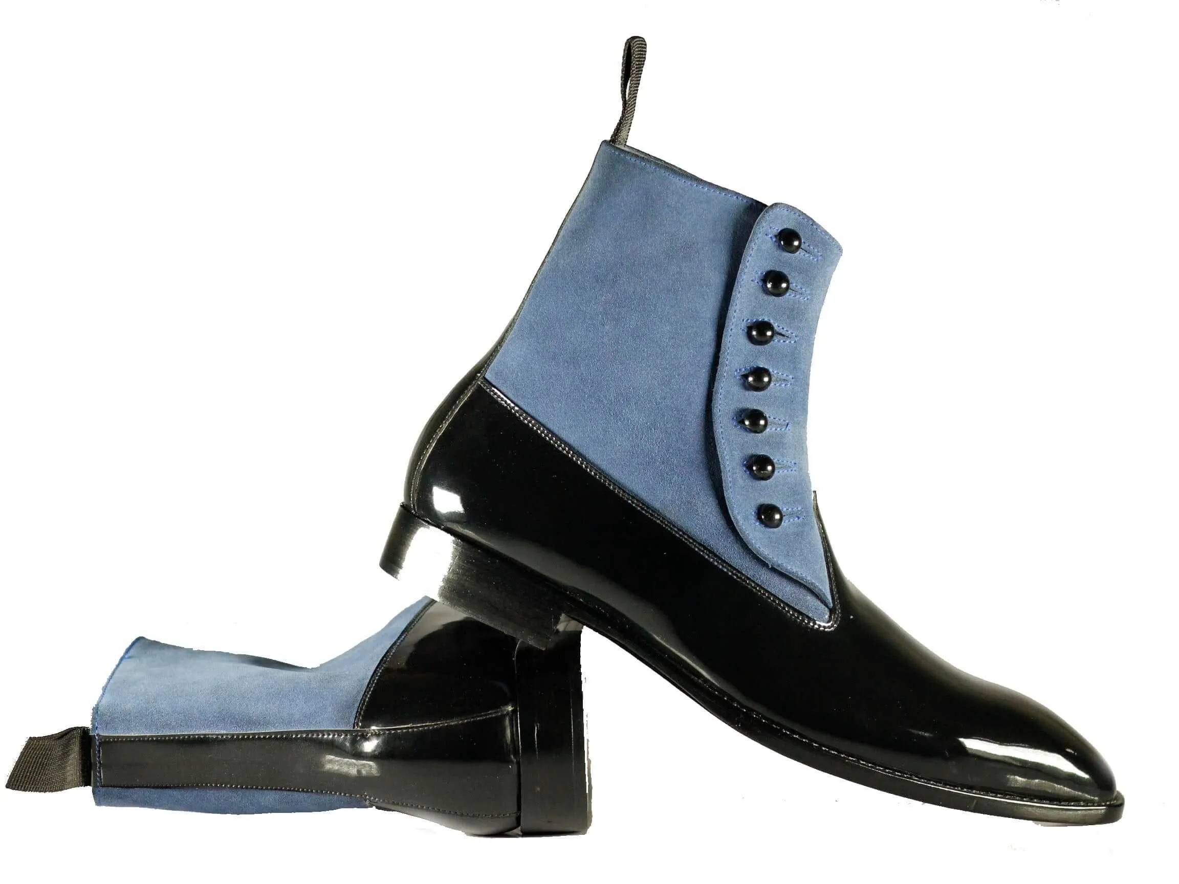 Handmade Blue Black Pure Leather Suede Stylish Button Top Ankle Boot
