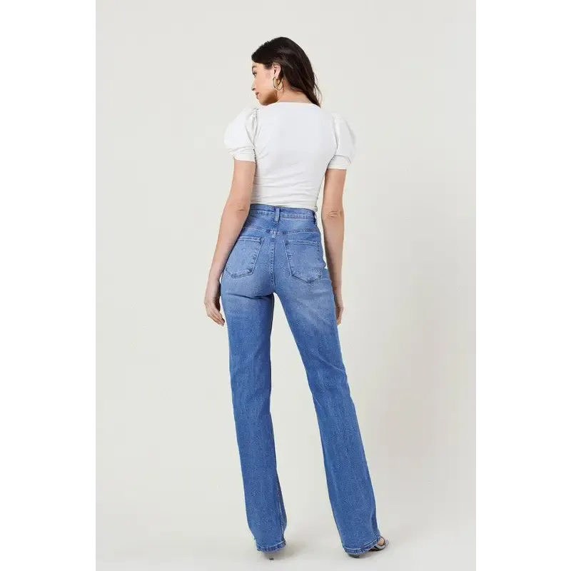 High Rise Distressed Straight Leg Jean