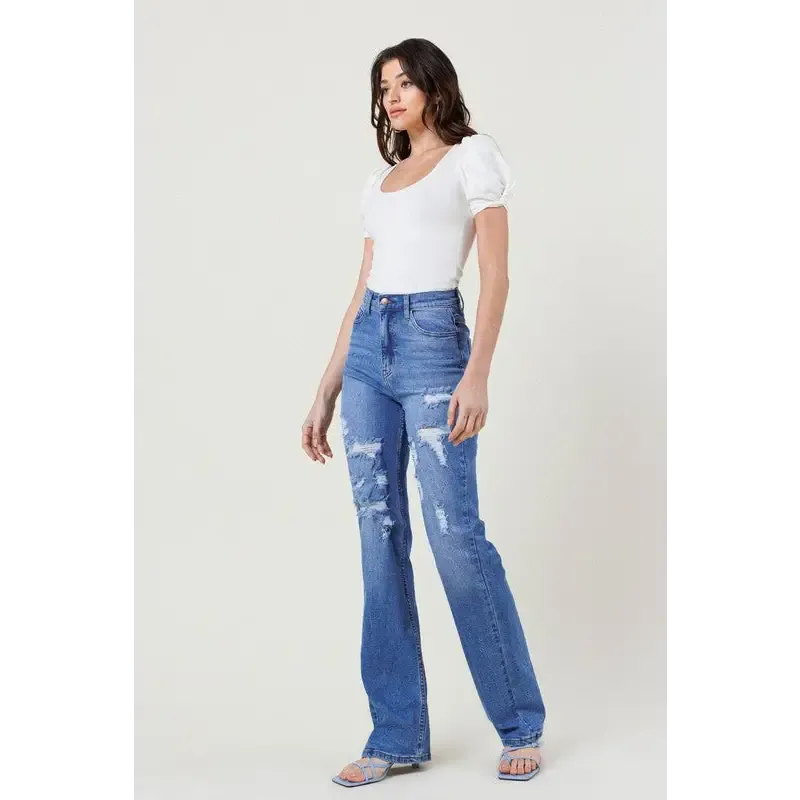 High Rise Distressed Straight Leg Jean