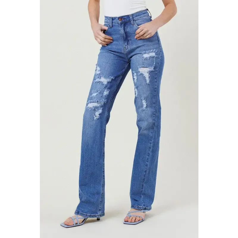 High Rise Distressed Straight Leg Jean