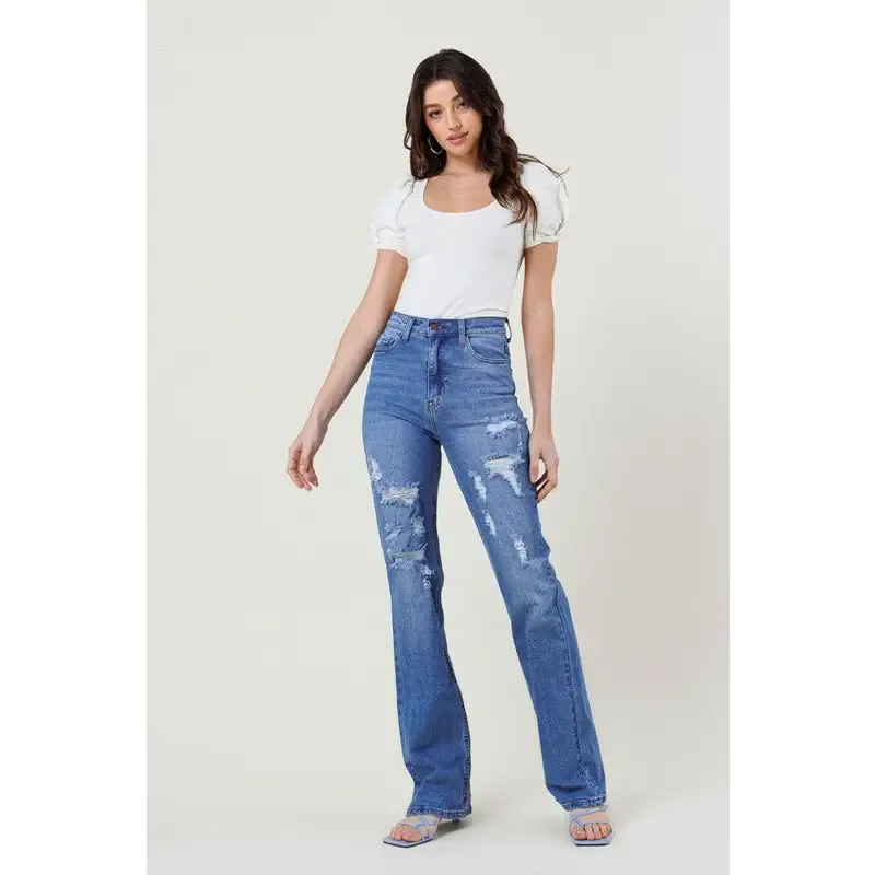 High Rise Distressed Straight Leg Jean