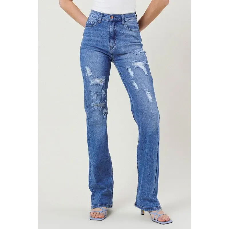 High Rise Distressed Straight Leg Jean