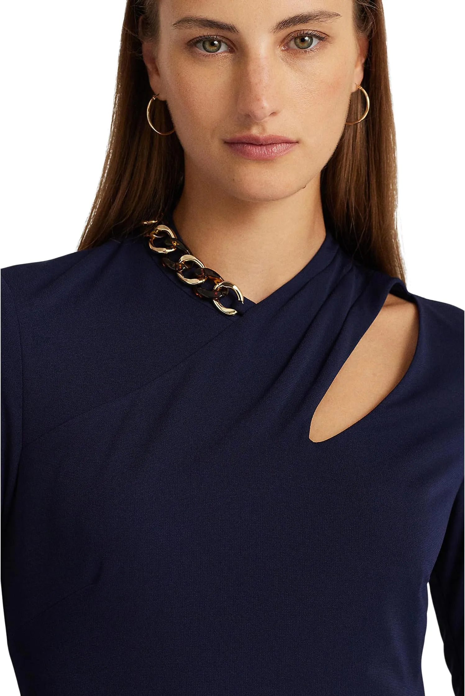 LAUREN Ralph Lauren Jersey Cocktail Dress with Chain Trim in Refined Navy