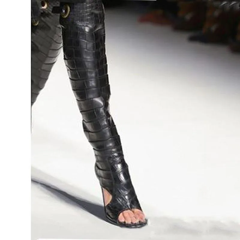 Leather Cutout Open Toe High Heel Over Knee Boots
