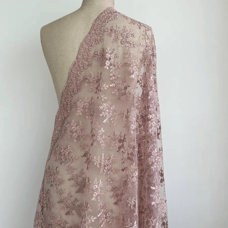 Light Purple Floral Embroidery Lace Fabric with Sequins