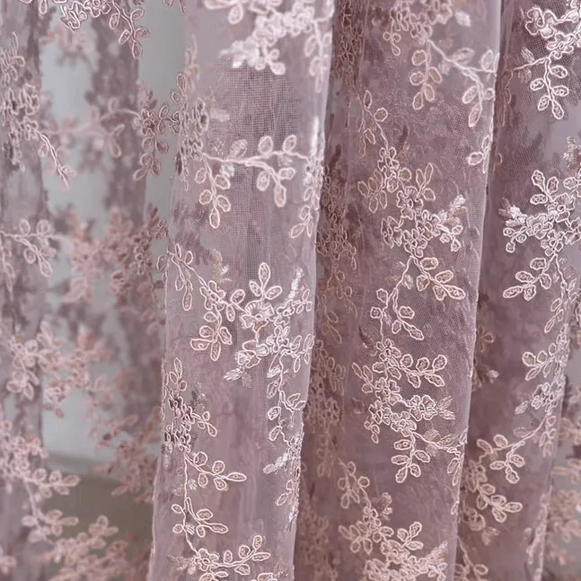 Light Purple Floral Embroidery Lace Fabric with Sequins