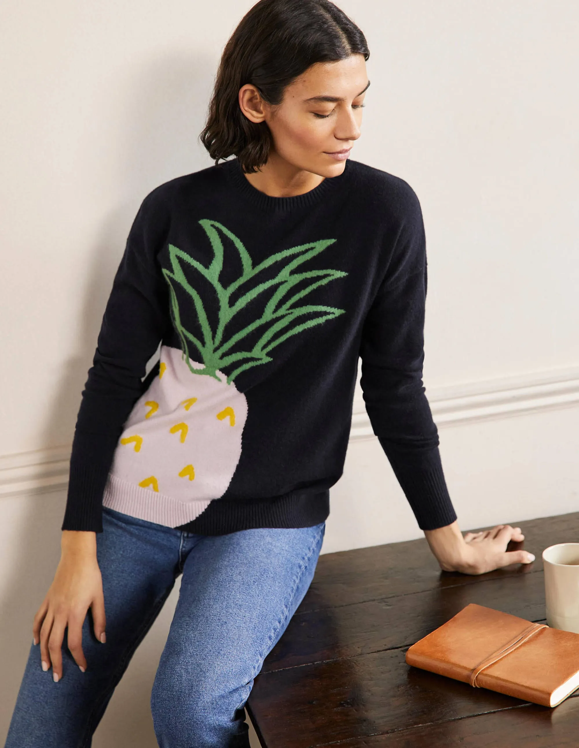 Margot Cashmere Jumper-Navy, Pineapple