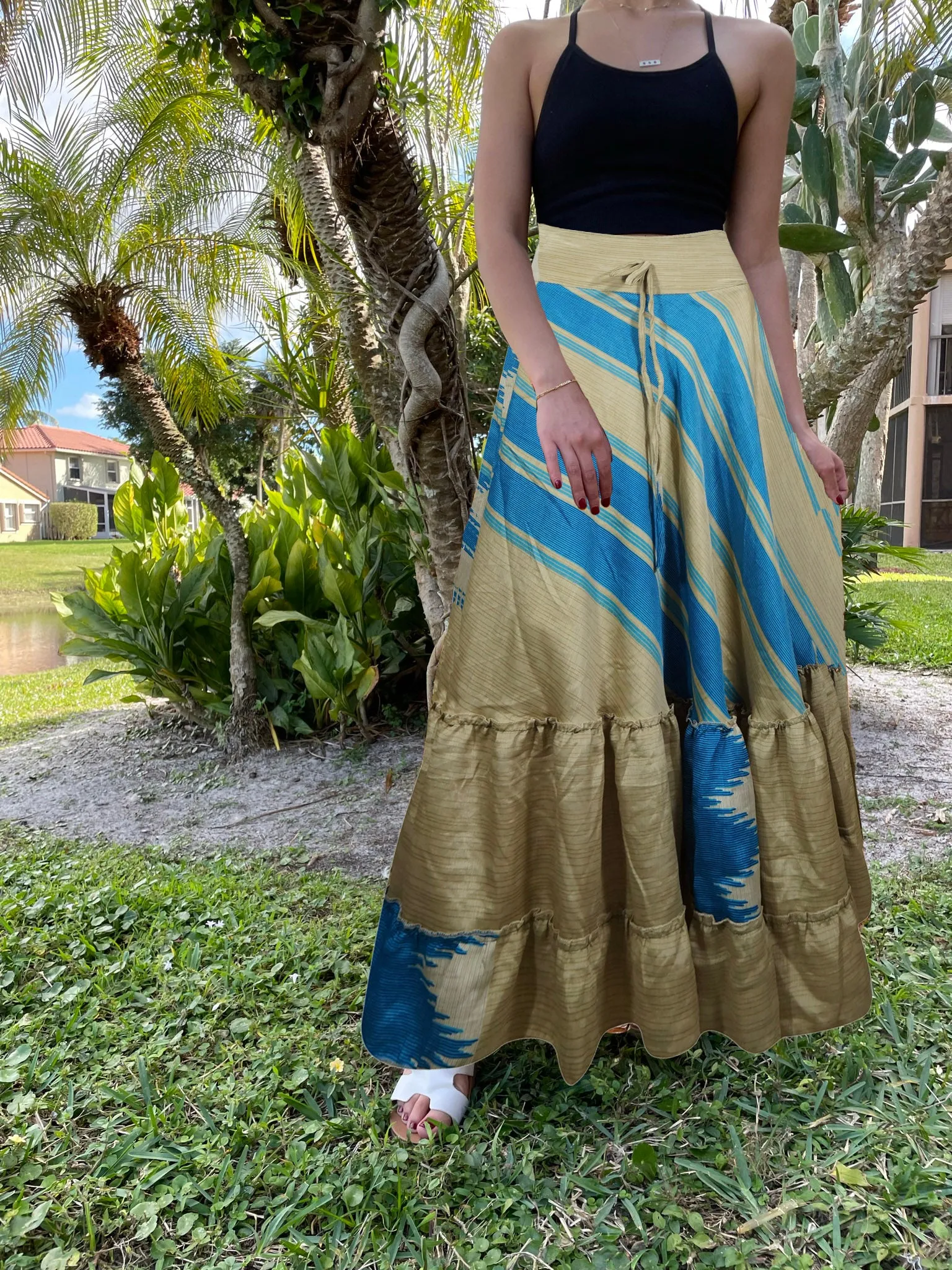 Maxi Skirts for Women Beige Blue Stylish Maxi Skirt Tiered Ruffle Skirt ML