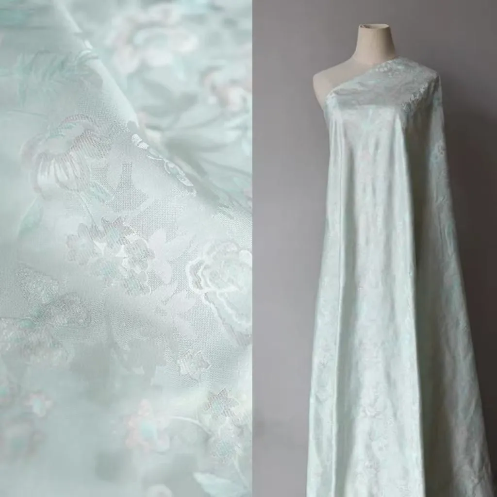 Mint Floral Silk Jacquard Fabric with  Floral Pattern