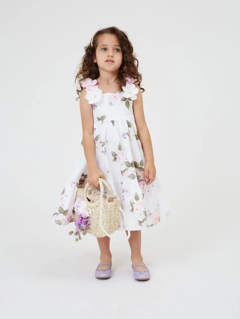 Monnalisa Girls Floral Bouquet Dress in White