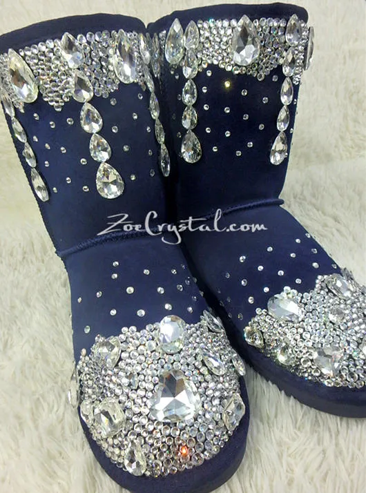 New Color**PROMOTION WINTER Blue Leather Sheepskin Fleech/Wool Boots with shinning and stylish CRYSTALS