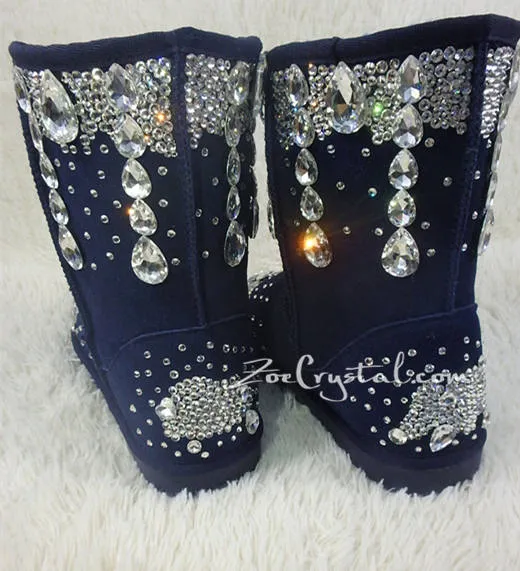 New Color**PROMOTION WINTER Blue Leather Sheepskin Fleech/Wool Boots with shinning and stylish CRYSTALS