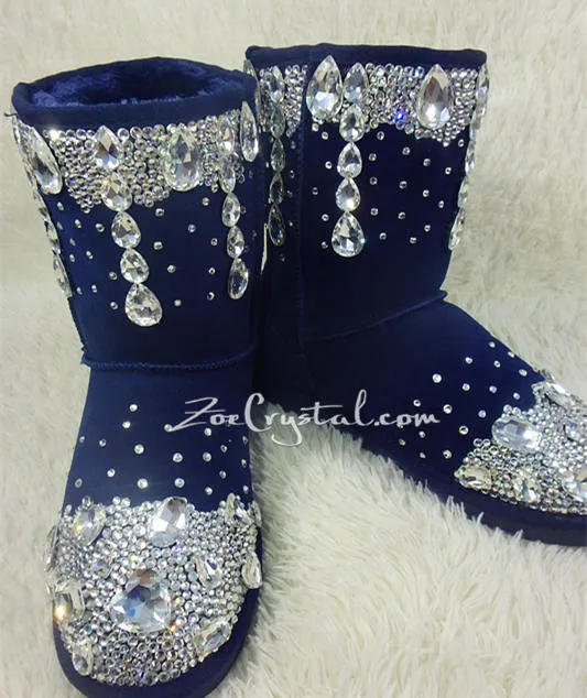 New Color**PROMOTION WINTER Blue Leather Sheepskin Fleech/Wool Boots with shinning and stylish CRYSTALS