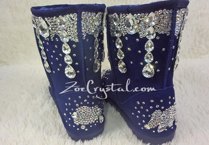 New Color**PROMOTION WINTER Blue Leather Sheepskin Fleech/Wool Boots with shinning and stylish CRYSTALS