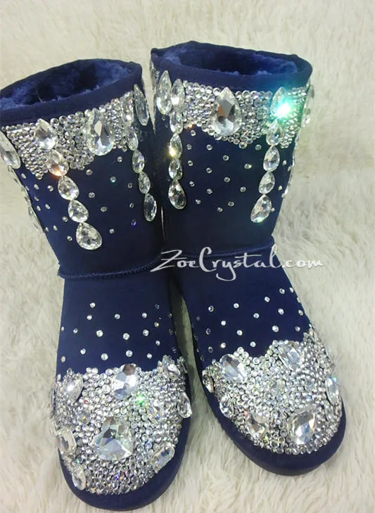 New Color**PROMOTION WINTER Blue Leather Sheepskin Fleech/Wool Boots with shinning and stylish CRYSTALS