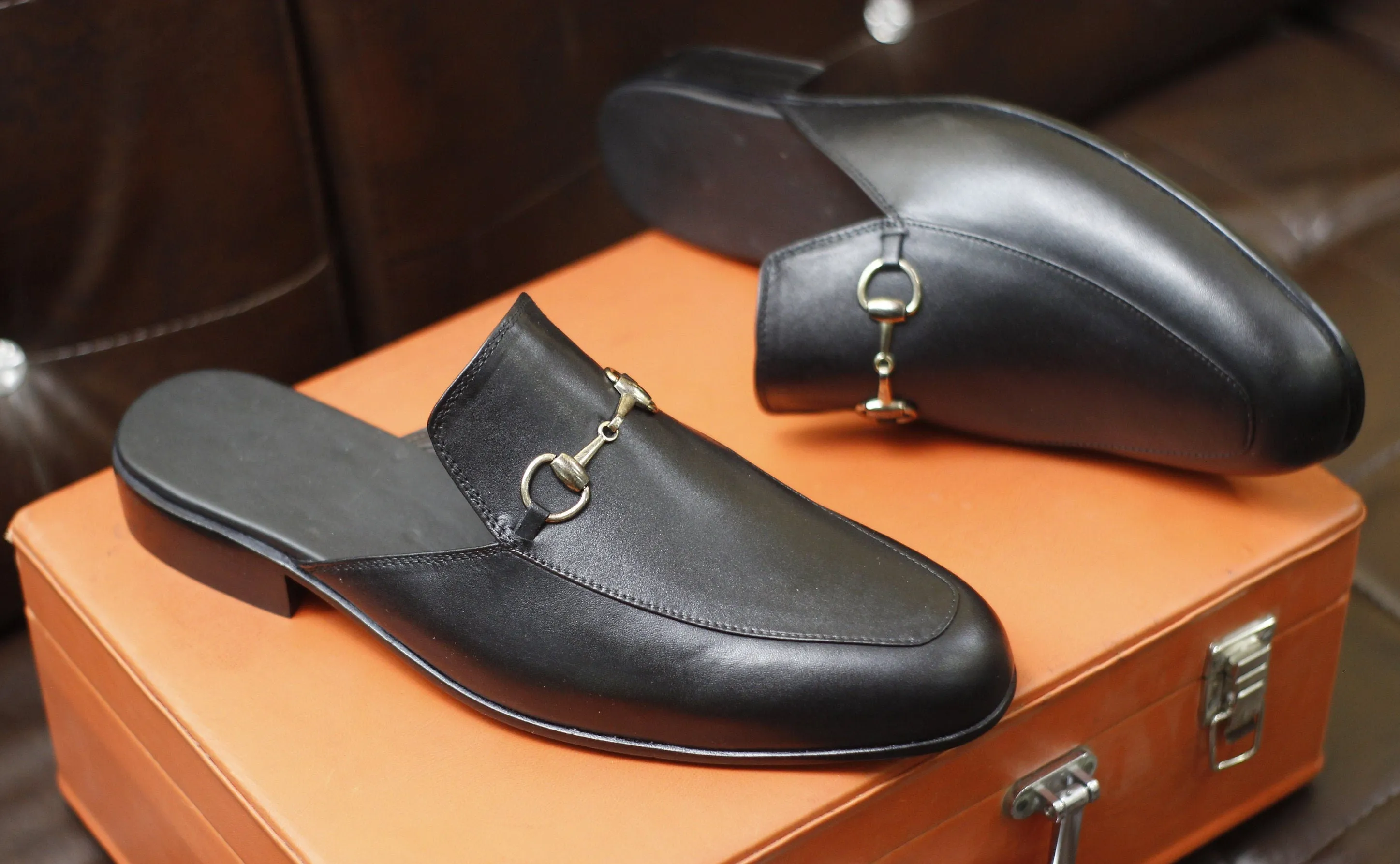New Men's Handmade Formal Shoes Black Leather Slip On Stylish Mules