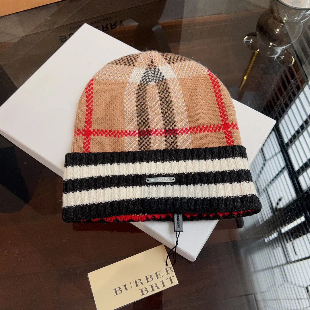 New trendy light luxury men's and women's plaid striped cashmere hat