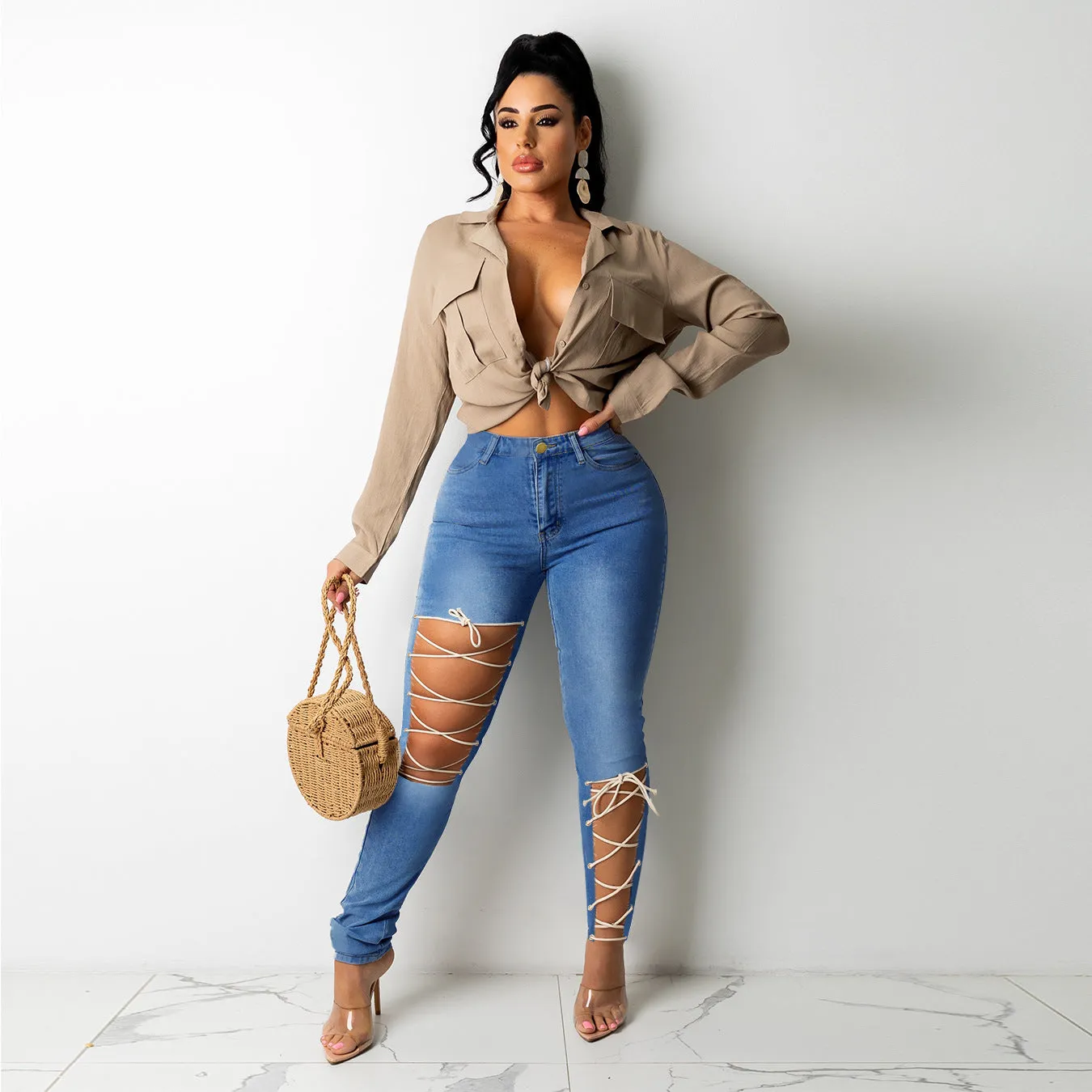 New Women Wholesale Spring And Autumn Strappy Skinny Jeans
