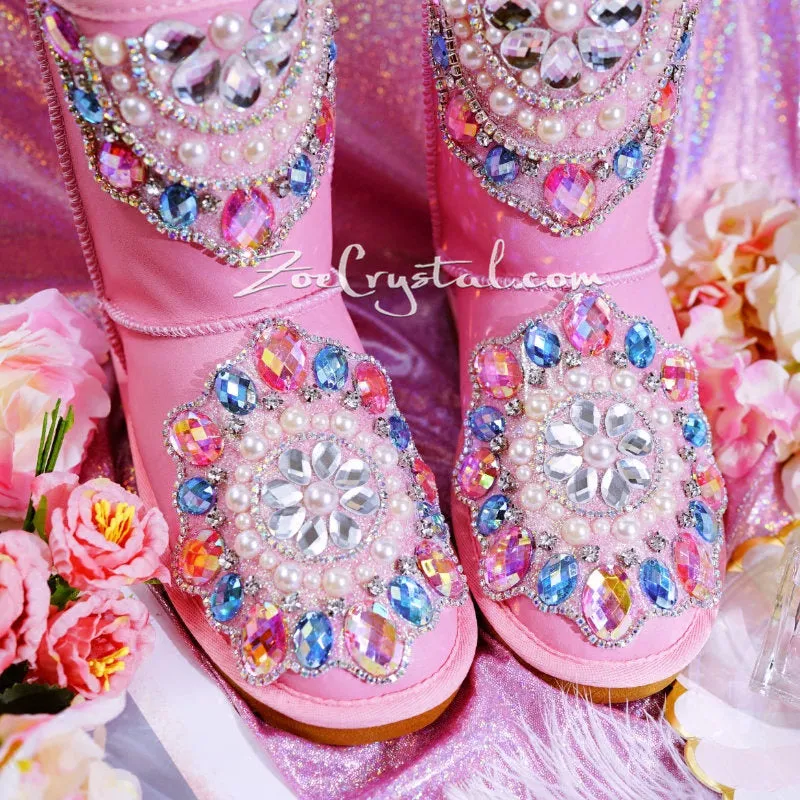 New**Pink Sheepskin Fleech/Wool Boots with shinning and stylish CRYSTALS - New Flower Style