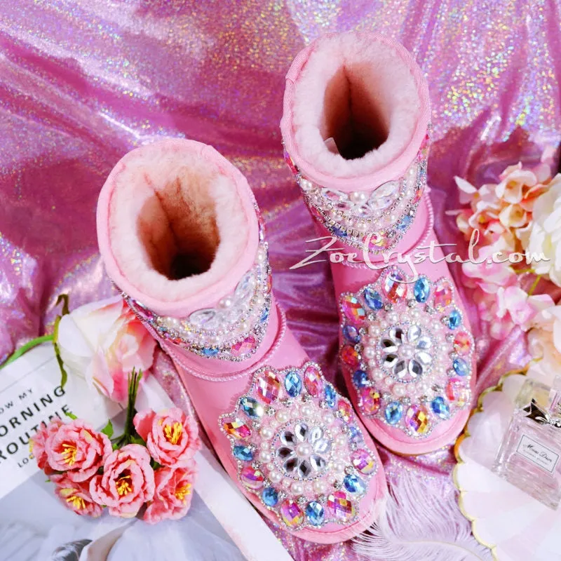 New**Pink Sheepskin Fleech/Wool Boots with shinning and stylish CRYSTALS - New Flower Style
