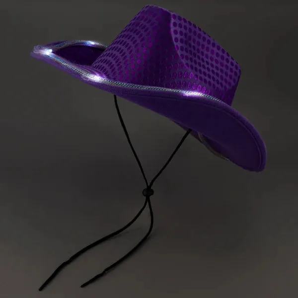 Personalized LED Light Up Flashing Purple Sequin Cowboy Hat - Pack of 20 Custom Hats