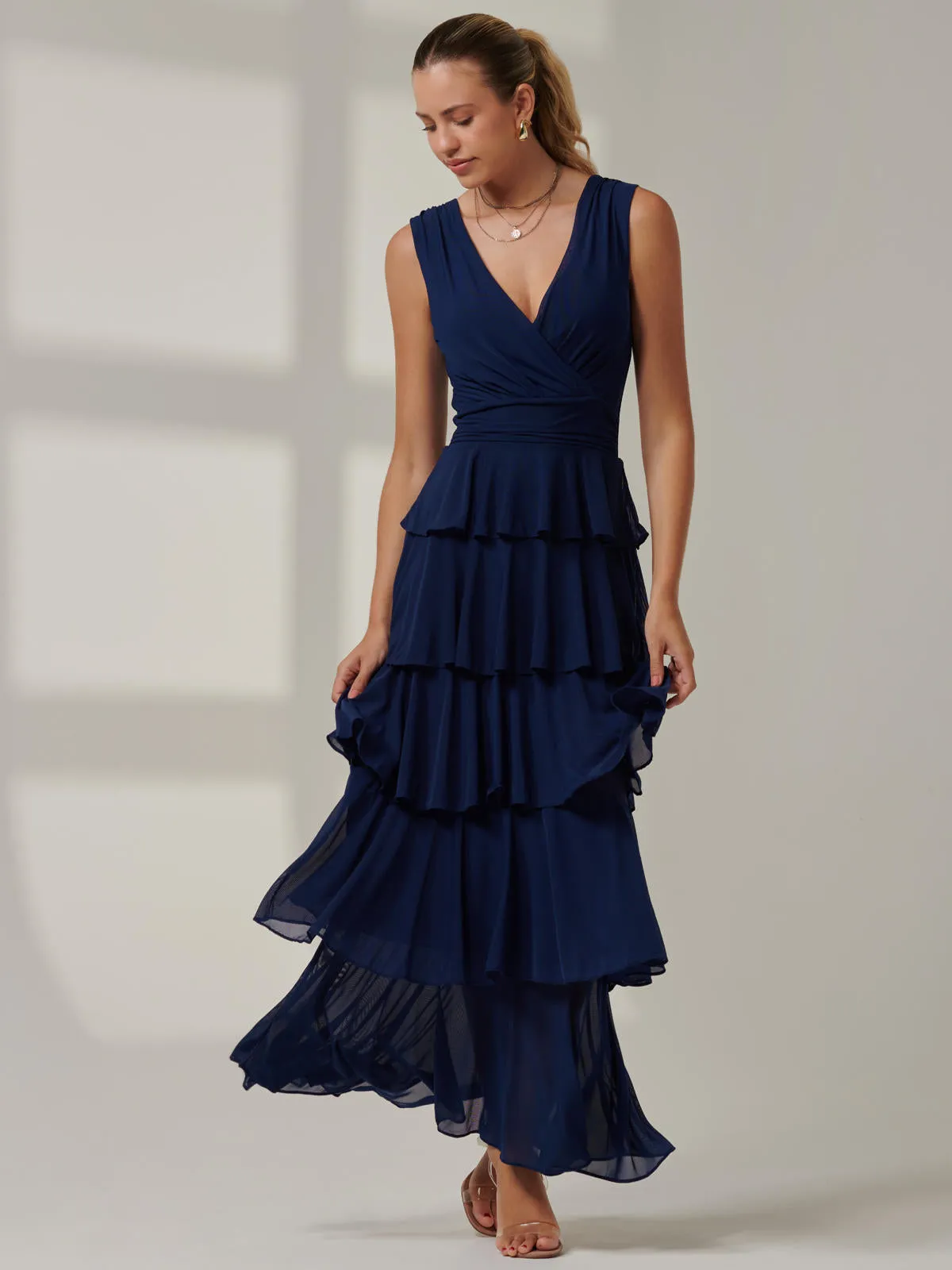 Plain Tiered Mesh Maxi Dress, Navy