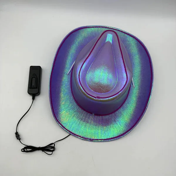 Purple EL WIRE Light Up Iridescent Space Cowboy Hat - Pack of 18 Hats