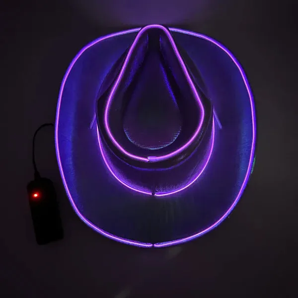 Purple EL WIRE Light Up Iridescent Space Cowboy Hat - Pack of 18 Hats