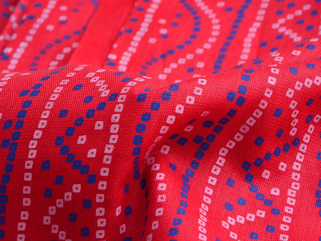 Red Abstract Bandhani Digital Printed Slub Cotton Fabric