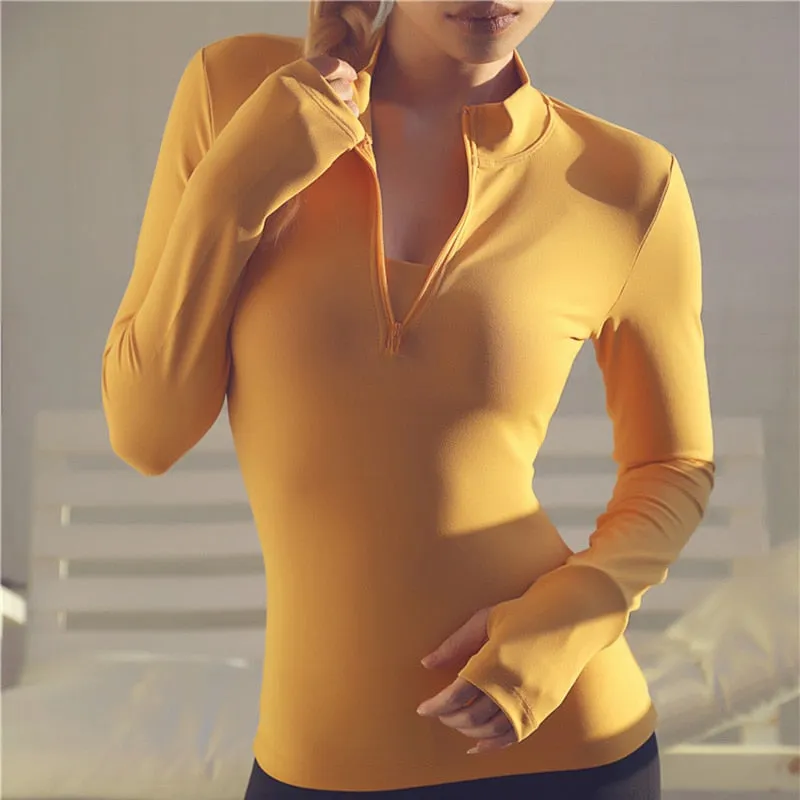 Solid Three-Quarter Zip Yoga Shirt with Thumb Holes