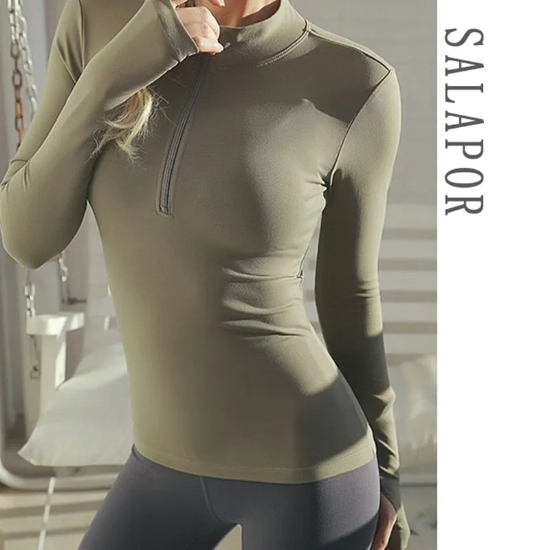 Solid Three-Quarter Zip Yoga Shirt with Thumb Holes