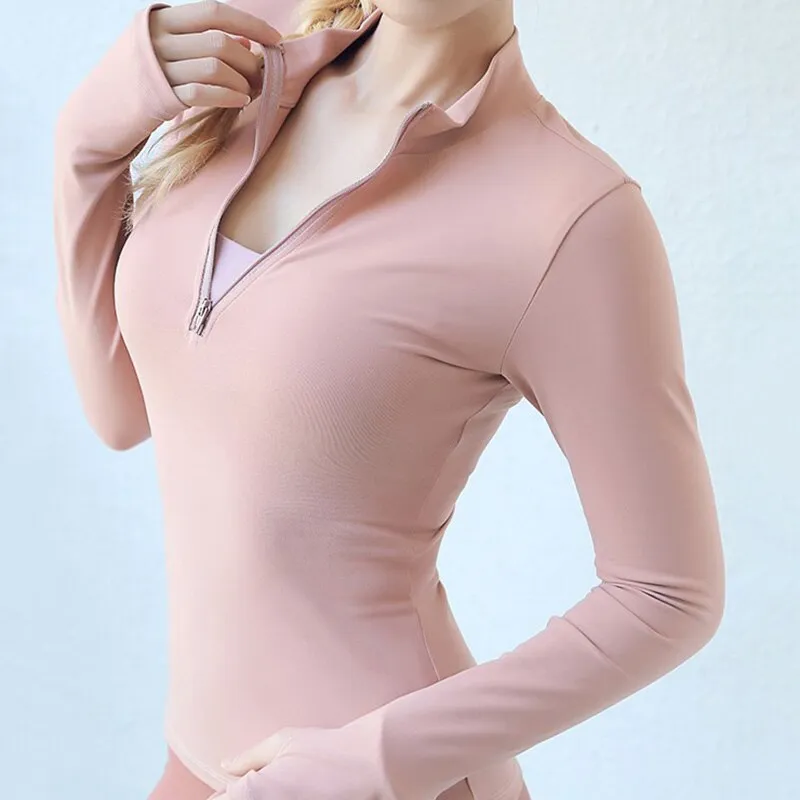 Solid Three-Quarter Zip Yoga Shirt with Thumb Holes