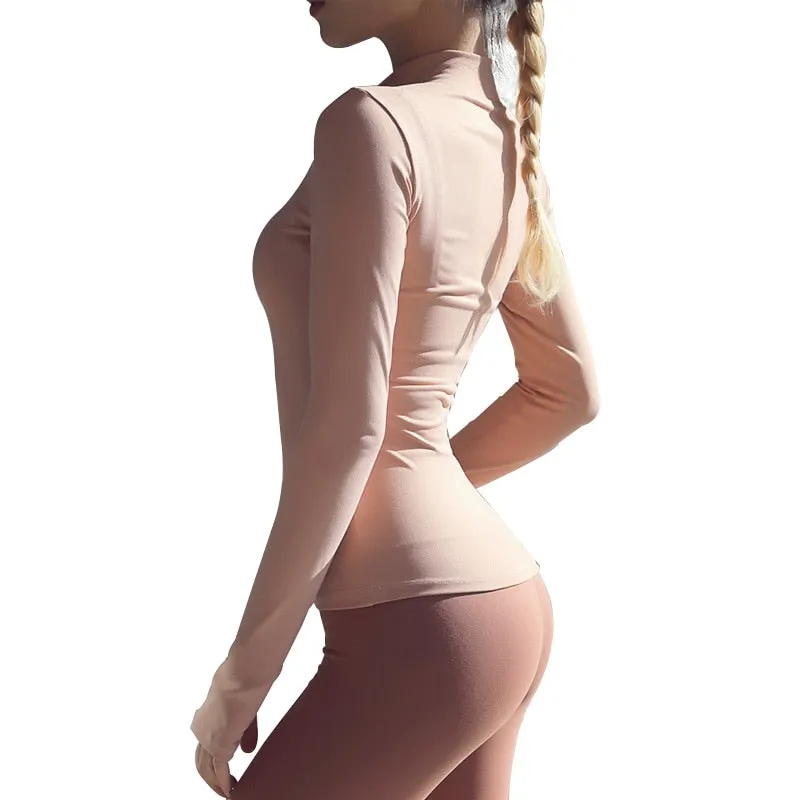 Solid Three-Quarter Zip Yoga Shirt with Thumb Holes