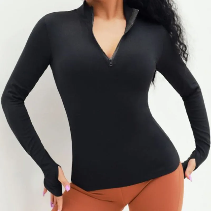 Solid Three-Quarter Zip Yoga Shirt with Thumb Holes