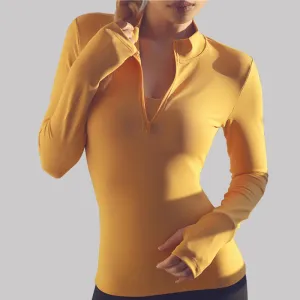 Solid Three-Quarter Zip Yoga Shirt with Thumb Holes