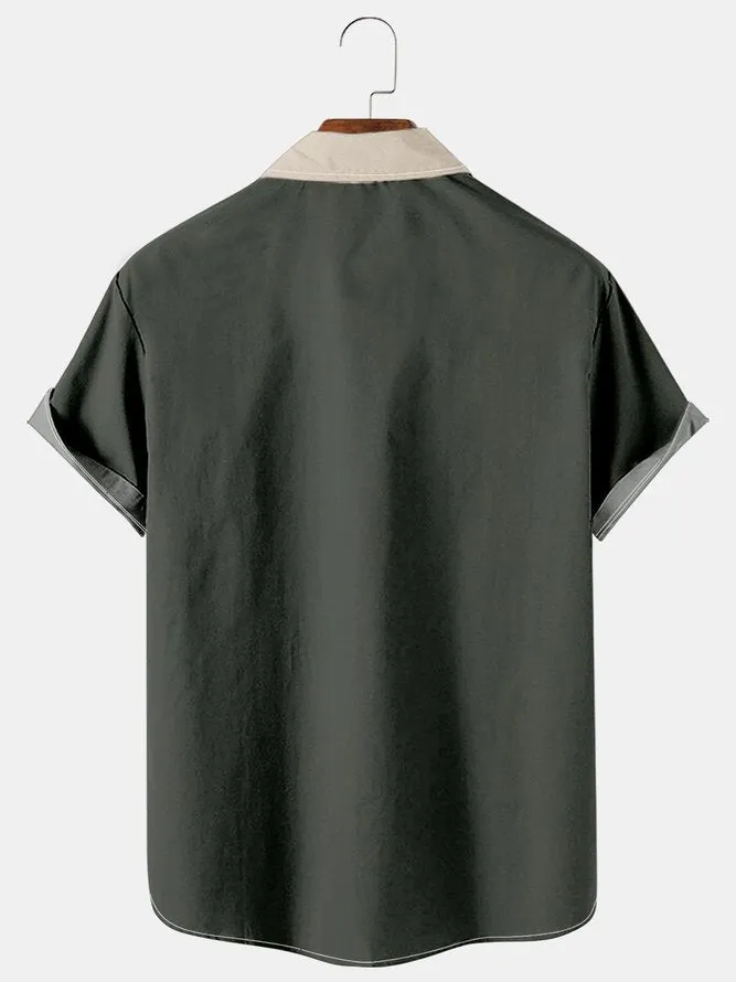Tall Mens Color-block Striped Casual Breathable Short Sleeve Bowling Shirts