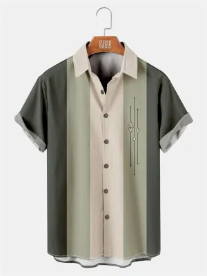Tall Mens Color-block Striped Casual Breathable Short Sleeve Bowling Shirts