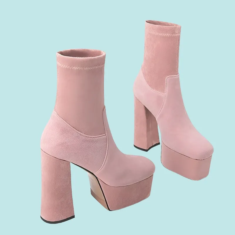 Thick Platform Flock Solid Ankle Boots