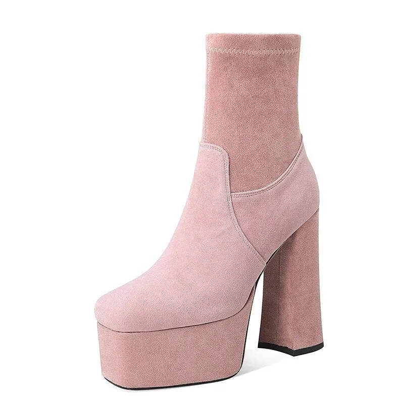 Thick Platform Flock Solid Ankle Boots