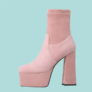 Thick Platform Flock Solid Ankle Boots