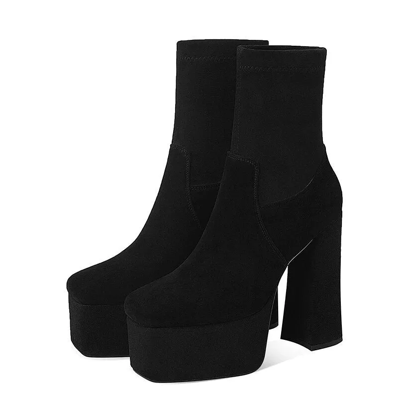 Thick Platform Flock Solid Ankle Boots