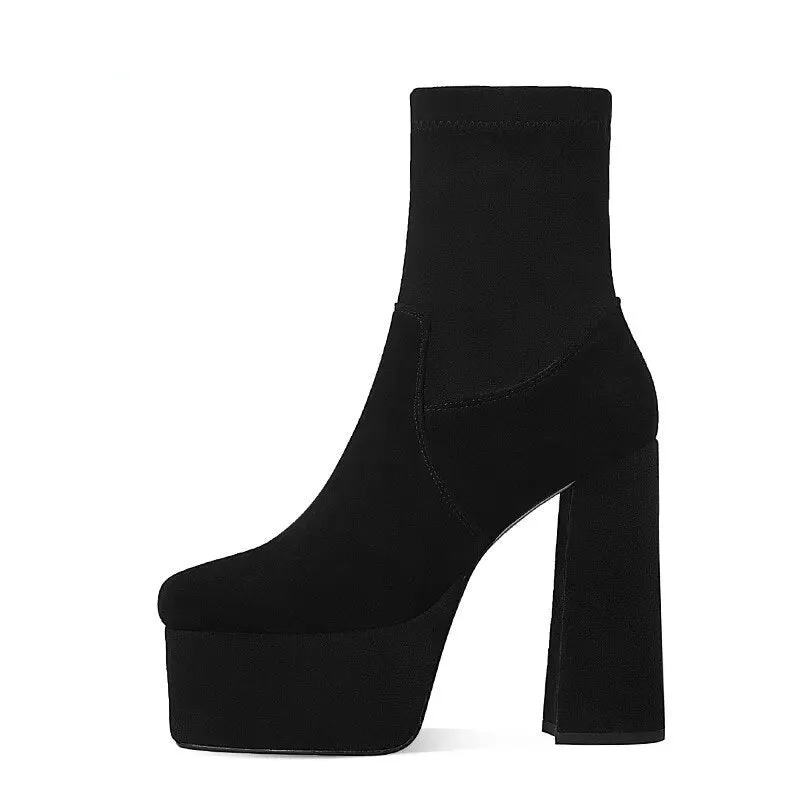 Thick Platform Flock Solid Ankle Boots