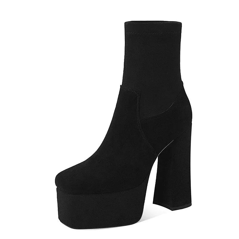 Thick Platform Flock Solid Ankle Boots