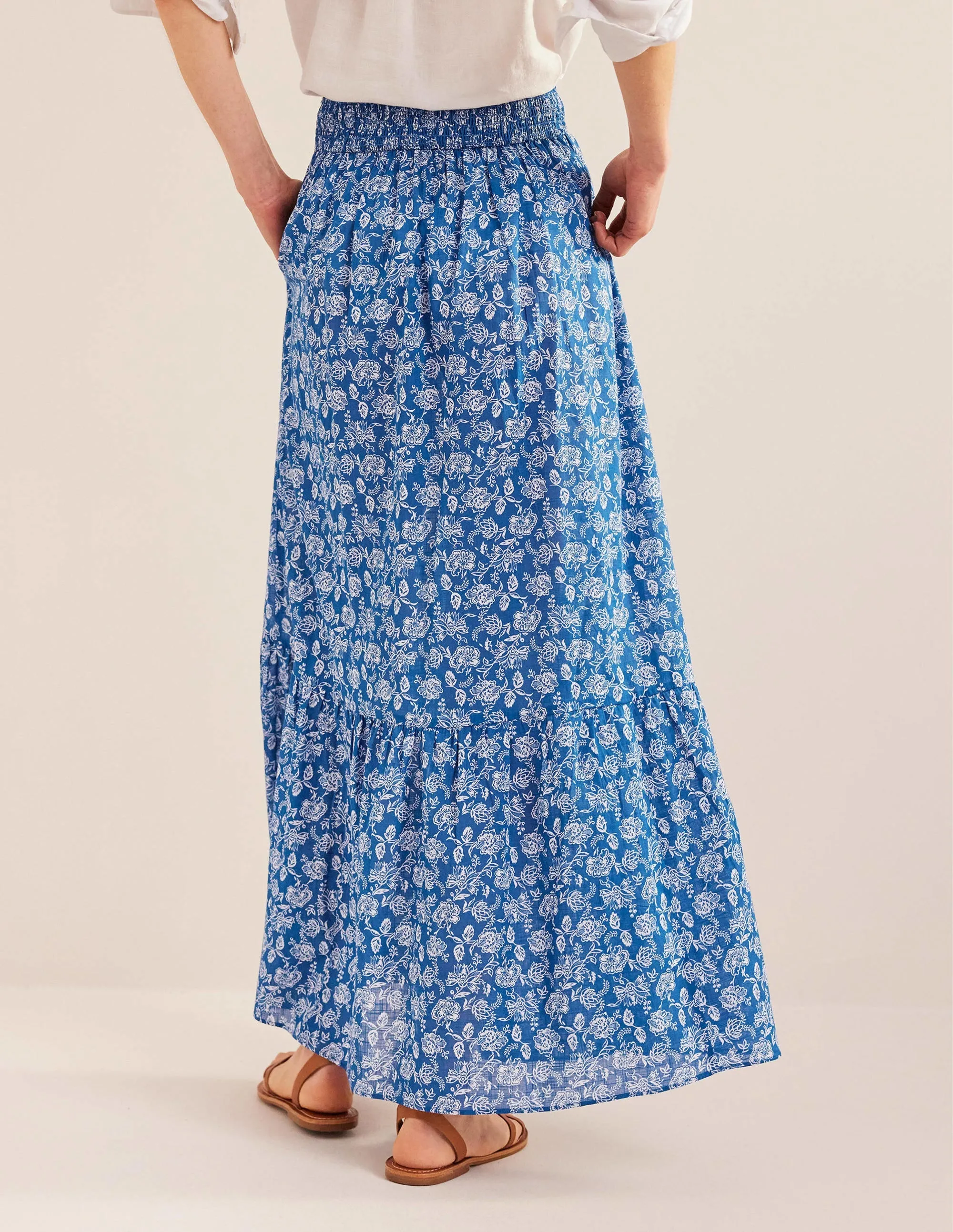 Tiered Cotton Maxi Skirt-True Blue, Linear Bloom