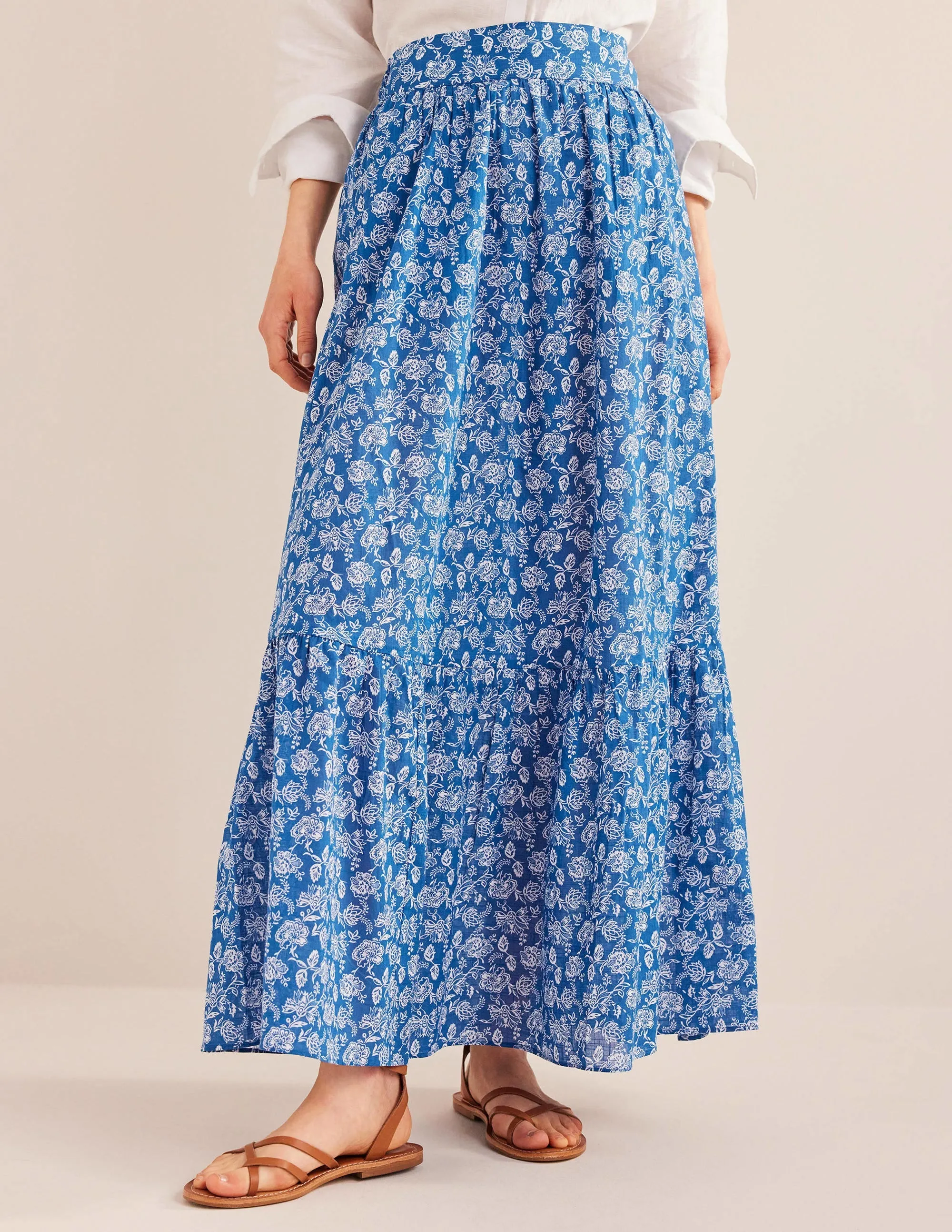 Tiered Cotton Maxi Skirt-True Blue, Linear Bloom