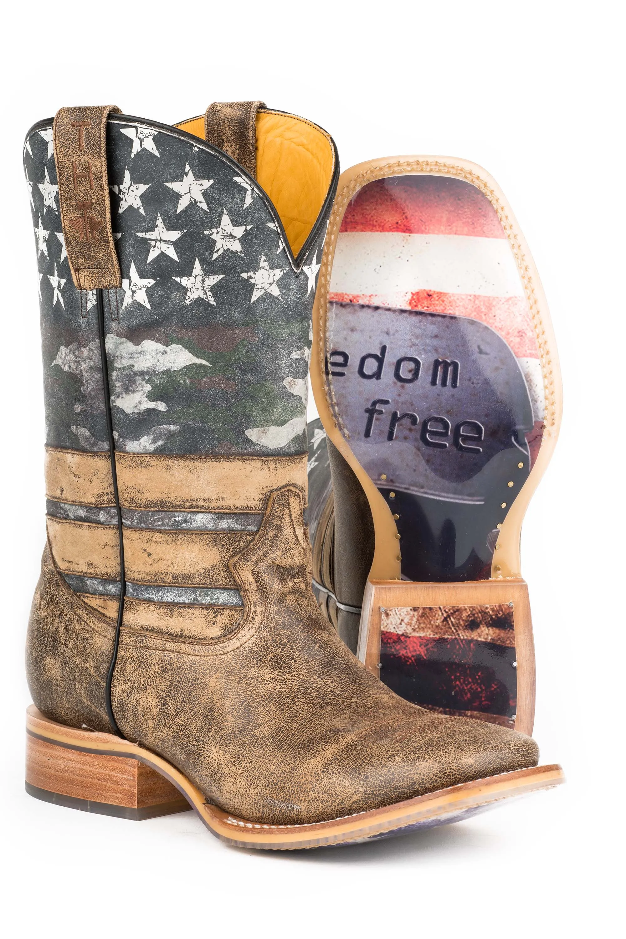Tin Haul Boots Mens Brown Leather Square Toe Freedom Dog Tags Cowboy 11.5 D