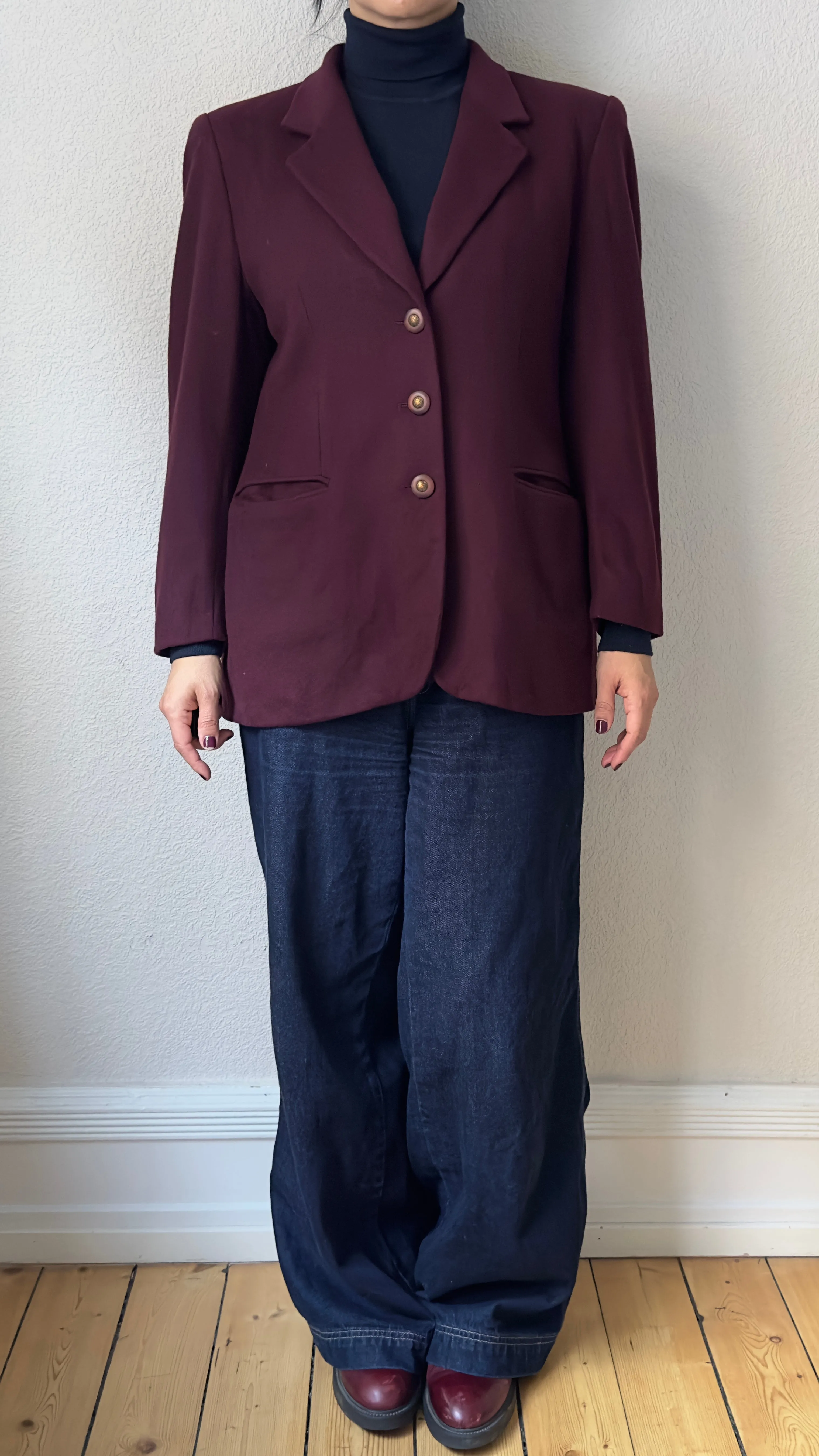 Upcycled Bow Blazer Burgundy/Navy Blue, Wool Cashmere Blend -size S-M