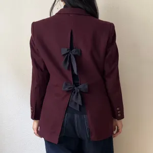 Upcycled Bow Blazer Burgundy/Navy Blue, Wool Cashmere Blend -size S-M