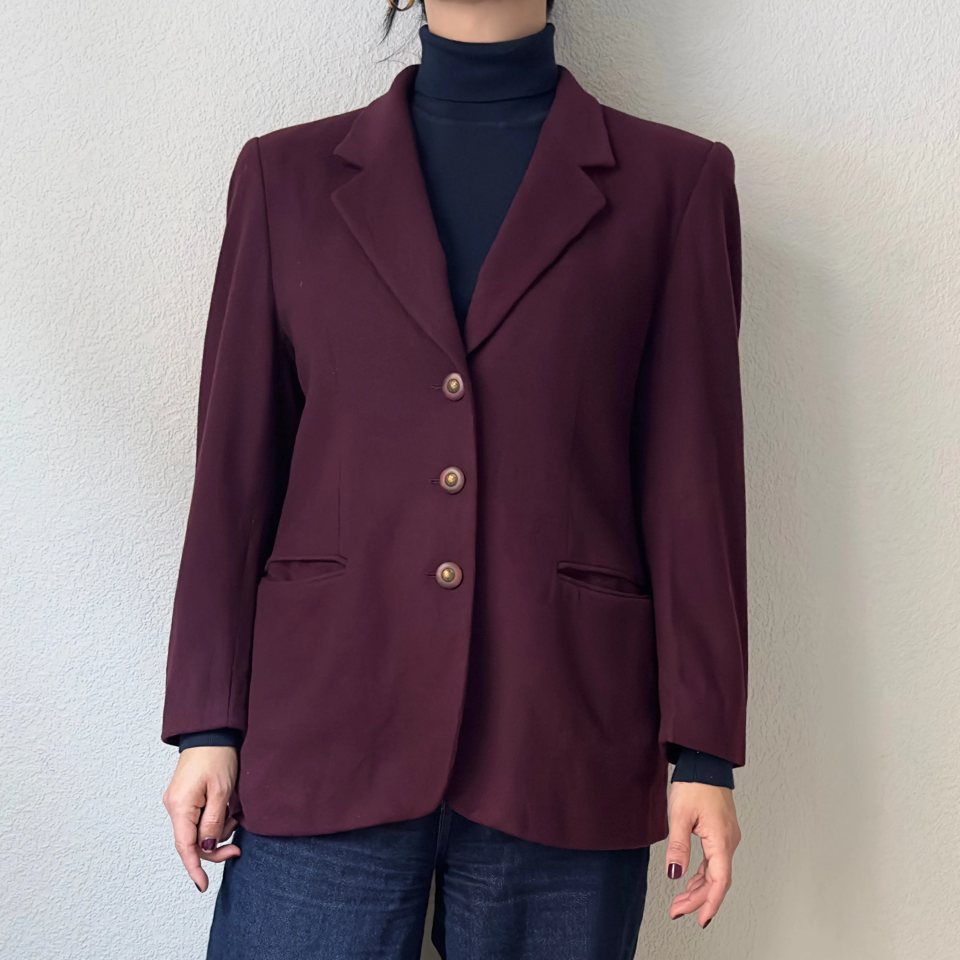 Upcycled Bow Blazer Burgundy/Navy Blue, Wool Cashmere Blend -size S-M