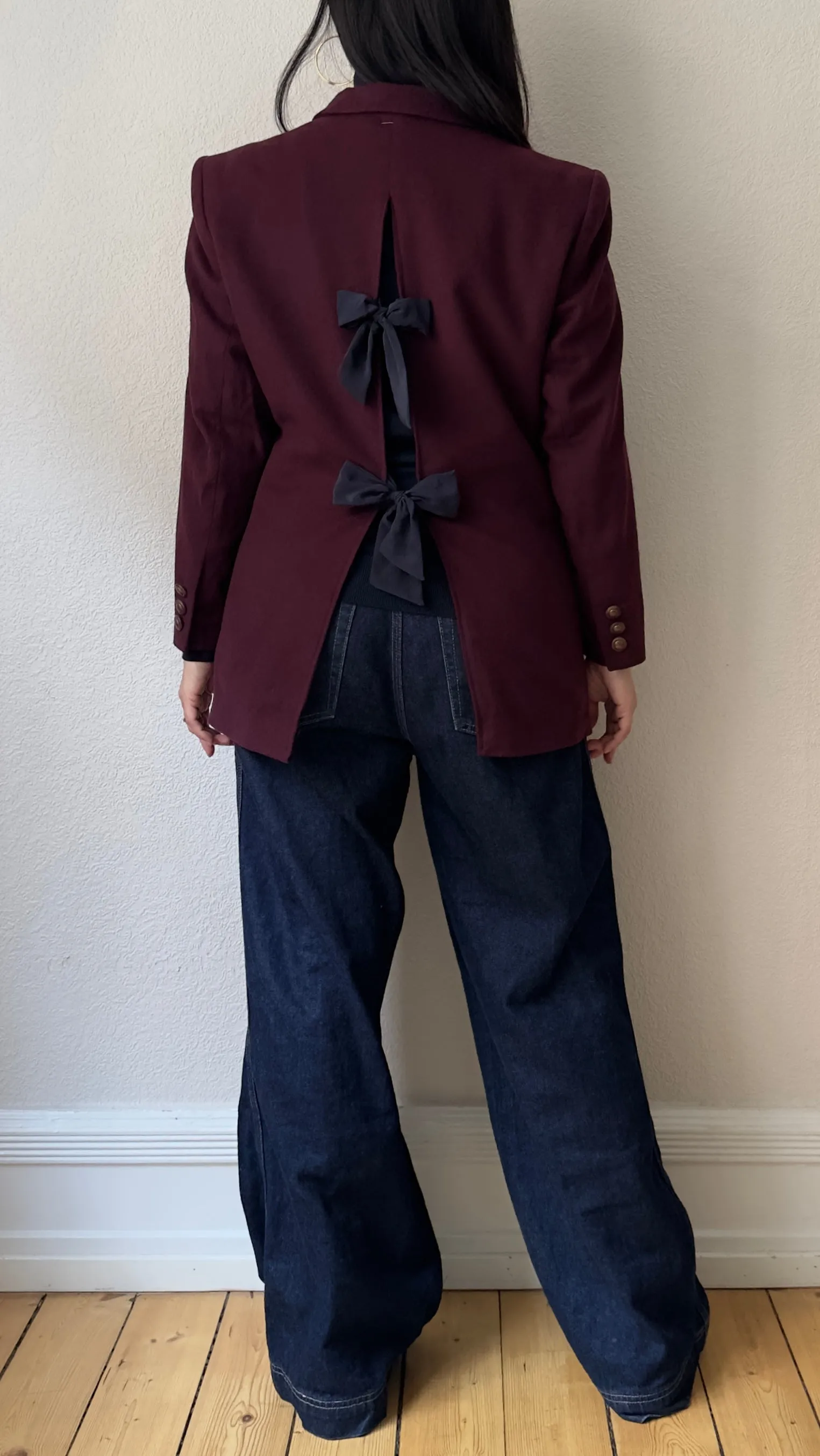 Upcycled Bow Blazer Burgundy/Navy Blue, Wool Cashmere Blend -size S-M